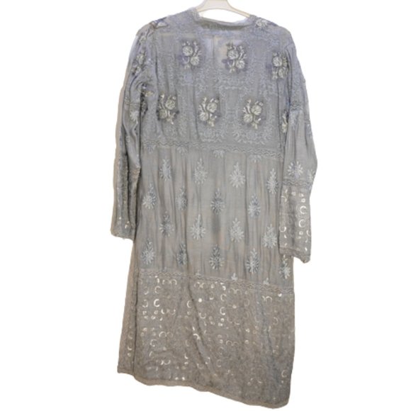 Agha Noor Women's All Silk Chiffon Heavy Embroidered Tunic Dress Gray Small NEW - Picture 2 of 4